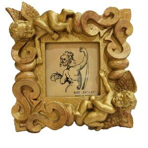 Vintage Gold Cherub Angel Picture Frame 2.5" X 2.5" Ornate Design Made In Taiwan